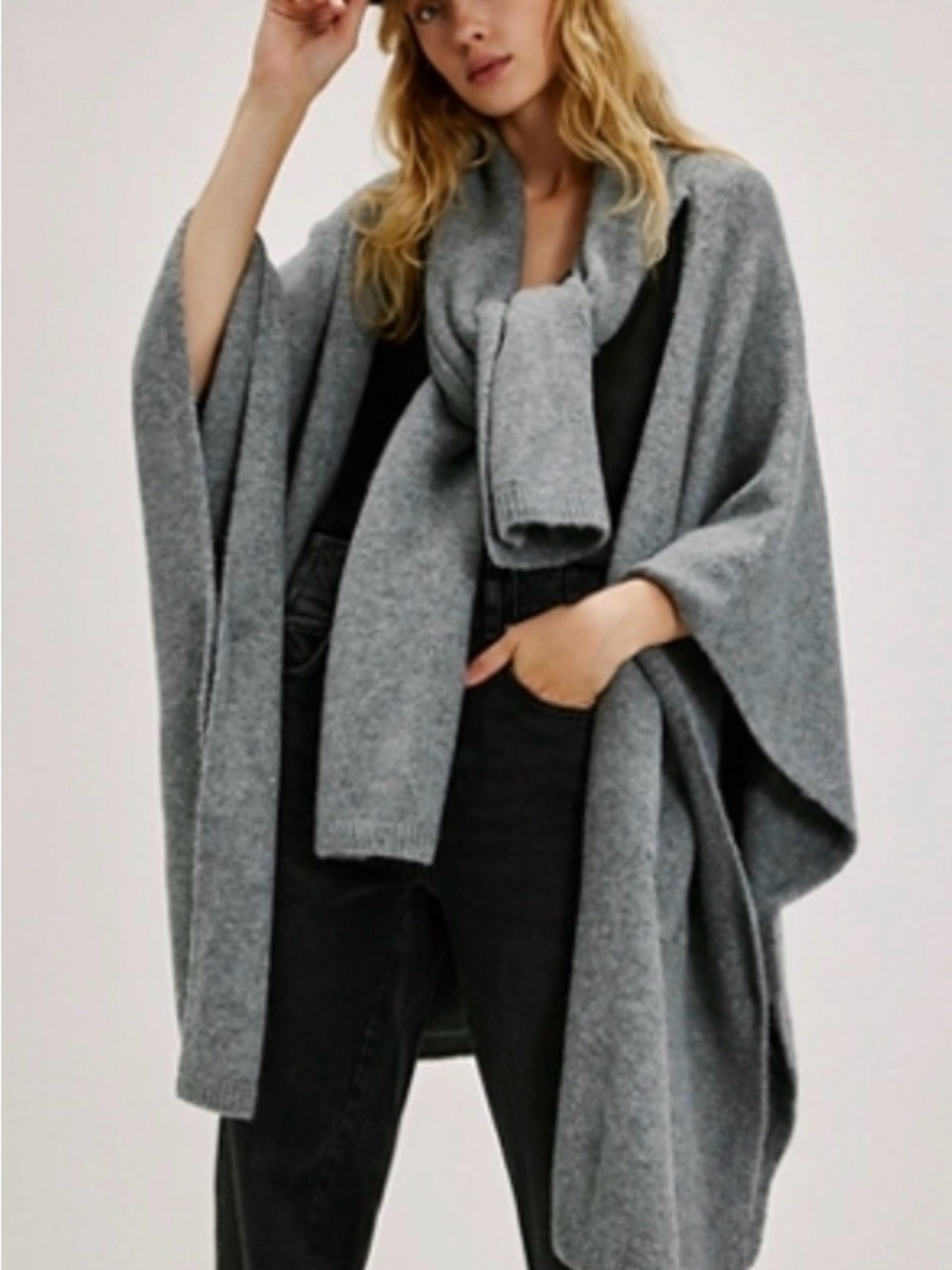 Free People Ellie Gray Knit Wrap Poncho with Scarf Detail